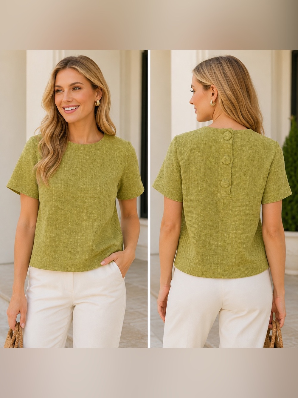 Tuckernuck Textured Short Sleeve Top Green Button Back XS